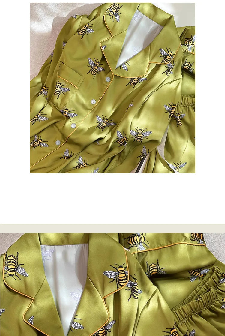 Pyjama Femme 2 Pièces Satin Imprimé — Manches Longues, Poche, Printemps-Automne