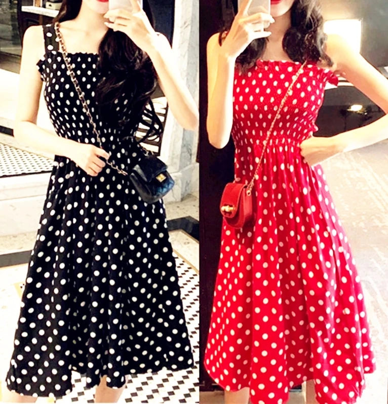 Robe Longue Vintage Pois Bretelles 5XL — Volantée, Soyeuse, Sexy Plage Été