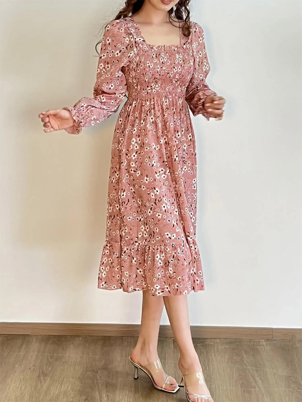 Robe Midi Femme Mousseline Manches Longues — Imprimé Floral Laçage