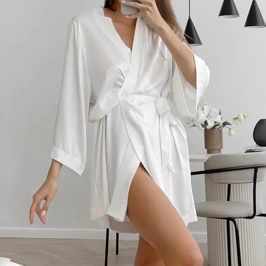 Robe de Chambre Mariée Blanche Dentelle — Kimono Satin, Manches 3/4, Lingerie Matin