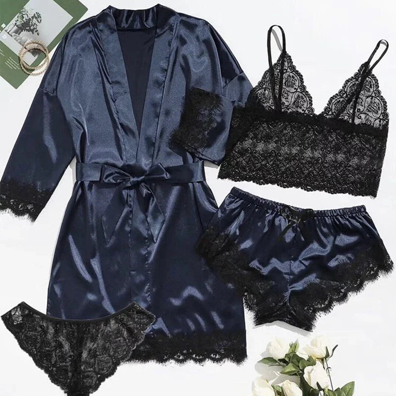 Ensemble Lingerie Femme 4 Pièces Dentelle — Nuisette, Short, Robe de Chambre, Sexy