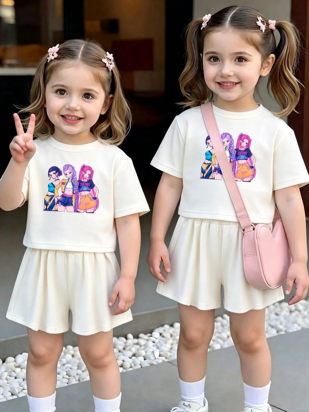 Ensemble 2 pièces filles – T-shirt imprimé cartoon & short à volants, jogging été 1-7 ans