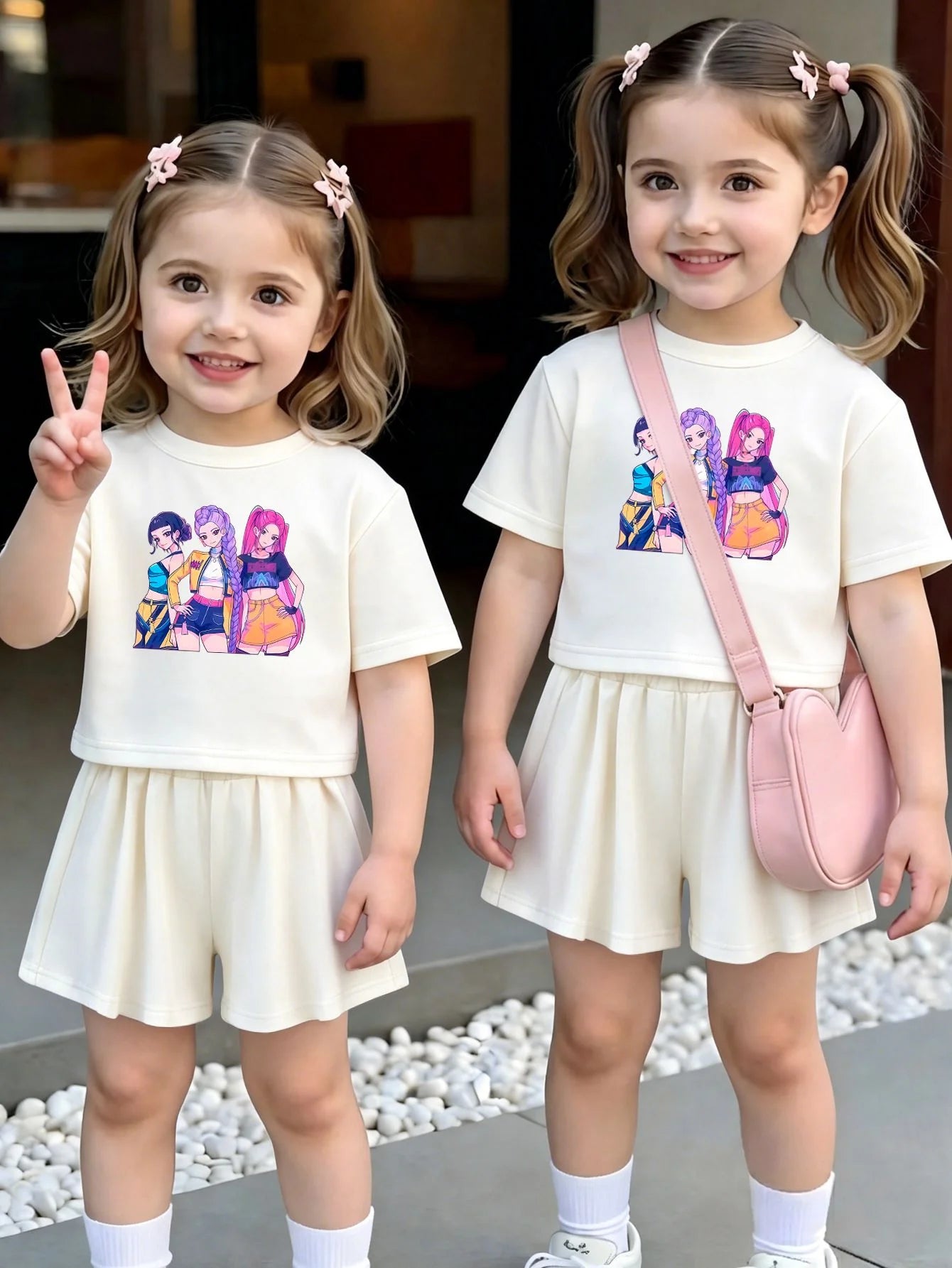 Ensemble 2 pièces filles – T-shirt imprimé cartoon & short à volants, jogging été 1-7 ans