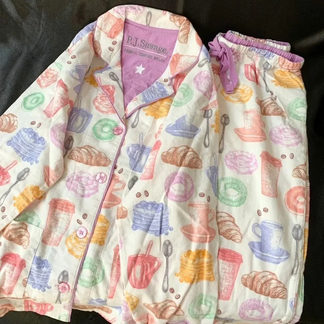 Ensemble Pyjama Femme Coton — Imprimé Cartoon Mignon, 2 Pièces, Manches Longues, Automne
