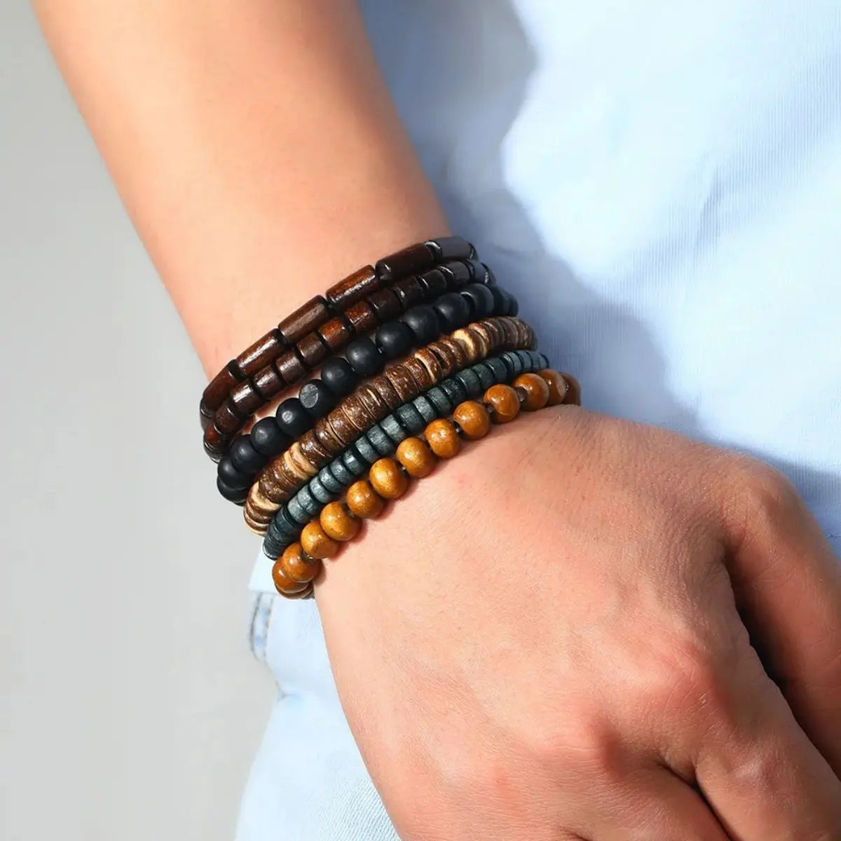 Bracelet Homme Cuir Tressé Bois 6 Pièces — Perles Bois Vintage, Armband Masculin