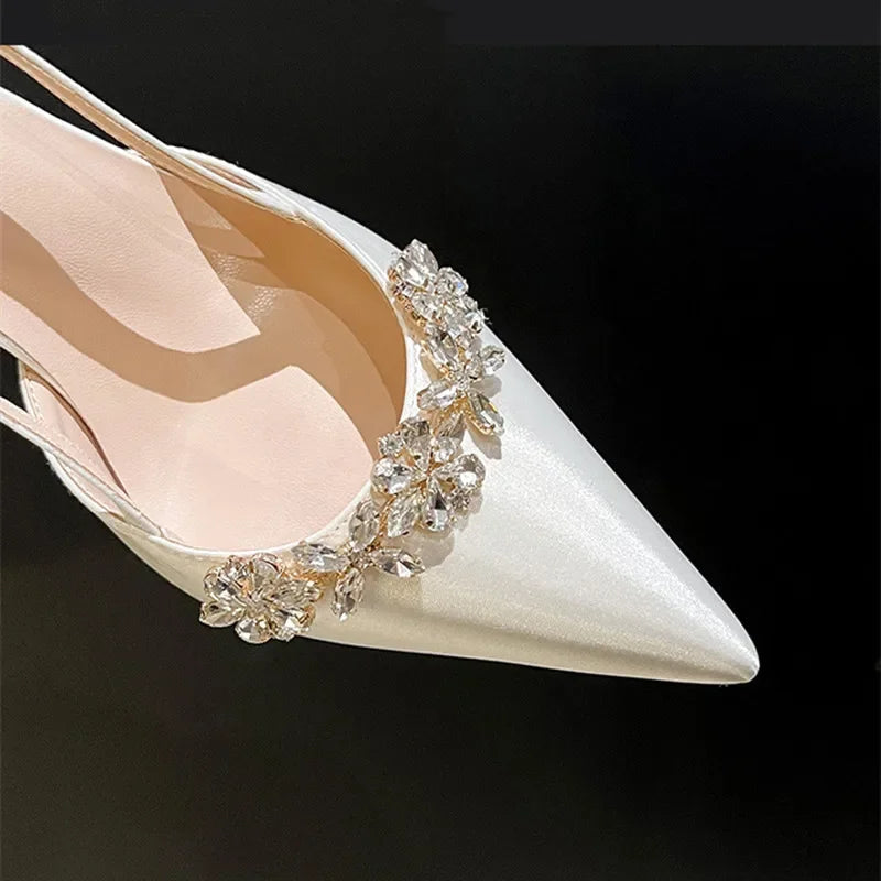 Escarpins Satin Strass Fleur Talon Haut Bleu — Bout Pointu, Bride Dos, Mariage Soirée