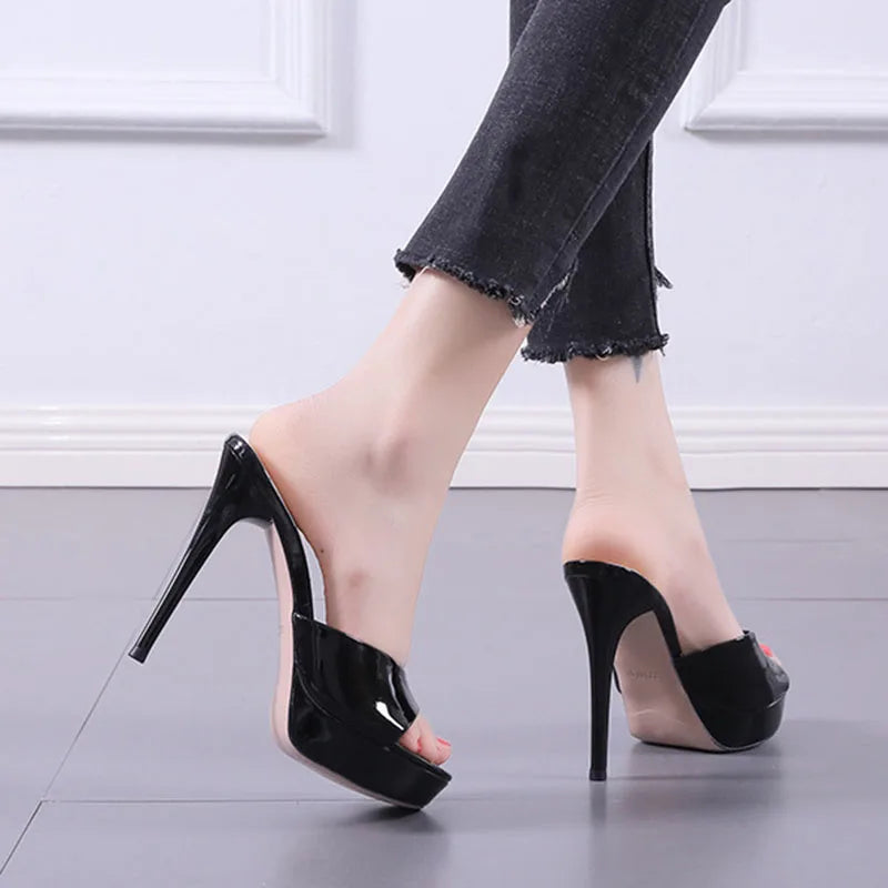 Mules Femme Talon Haut 12cm Plateforme — Sexy, Soirée Club, Talon Fin Noir