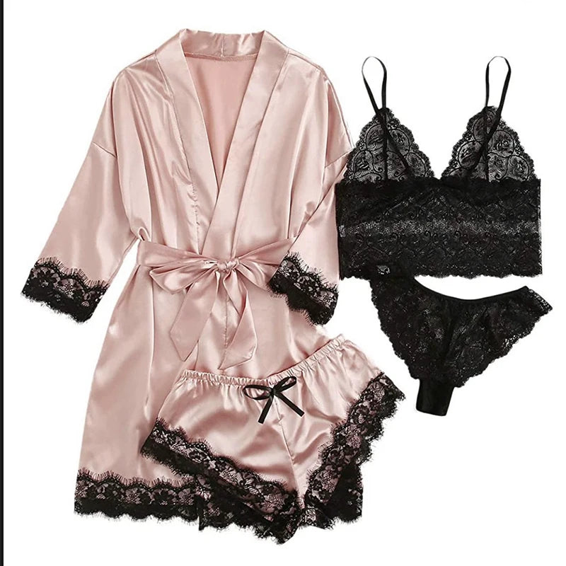 Ensemble Lingerie Femme 4 Pièces Dentelle — Nuisette, Short, Robe de Chambre, Sexy