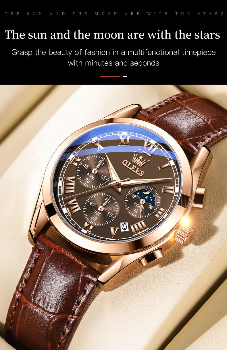 Montre Homme OLEVS 2871 Chronographe Phase de Lune — Étanche, Multifonction, Quartz Luxe