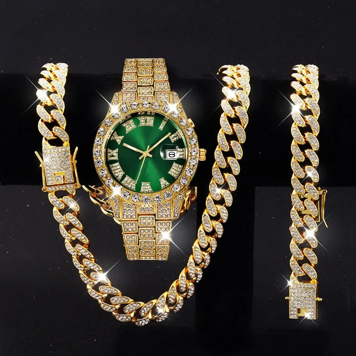 Coffret 3 Montres Homme Luxe Diamant — Cadran Roma, Acier, Quartz + Bijoux (Sans Boîte)