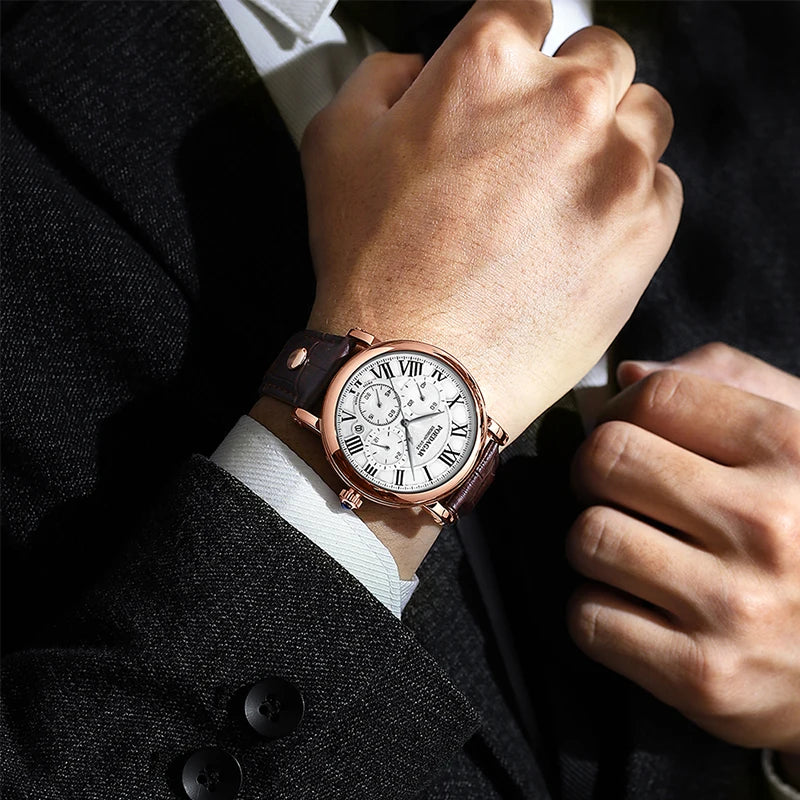 Montre Homme POEDAGAR Luxe Chronographe — Date, Cuir, Étanche, Business