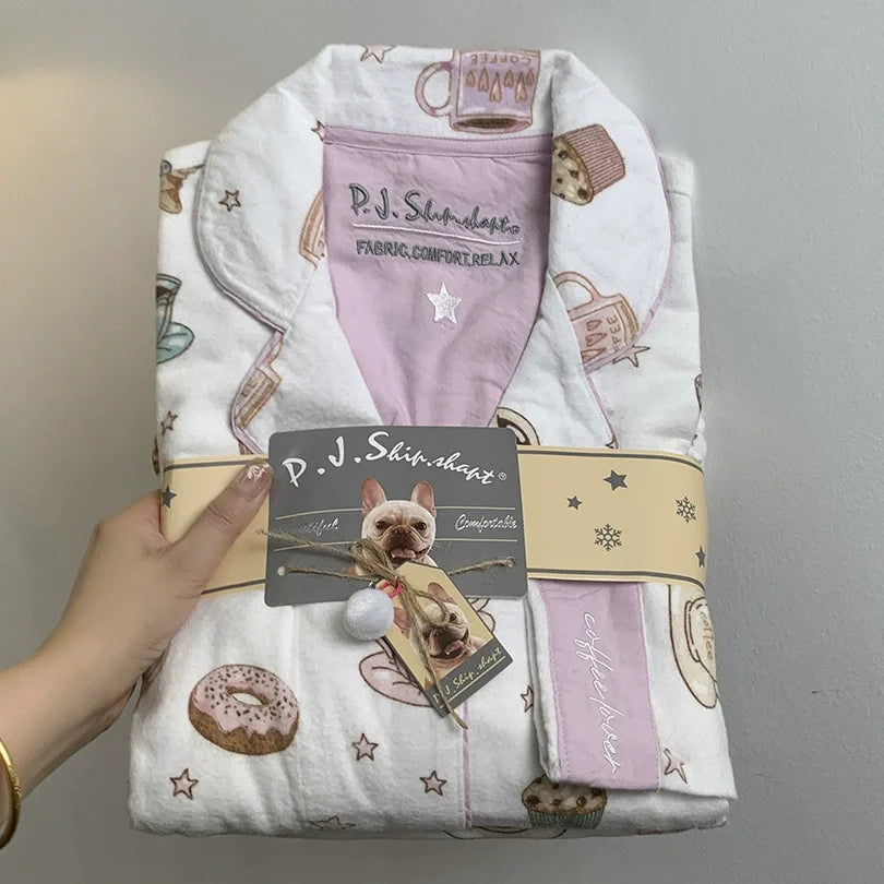 Ensemble Pyjama Femme Coton — Imprimé Cartoon Mignon, 2 Pièces, Manches Longues, Automne