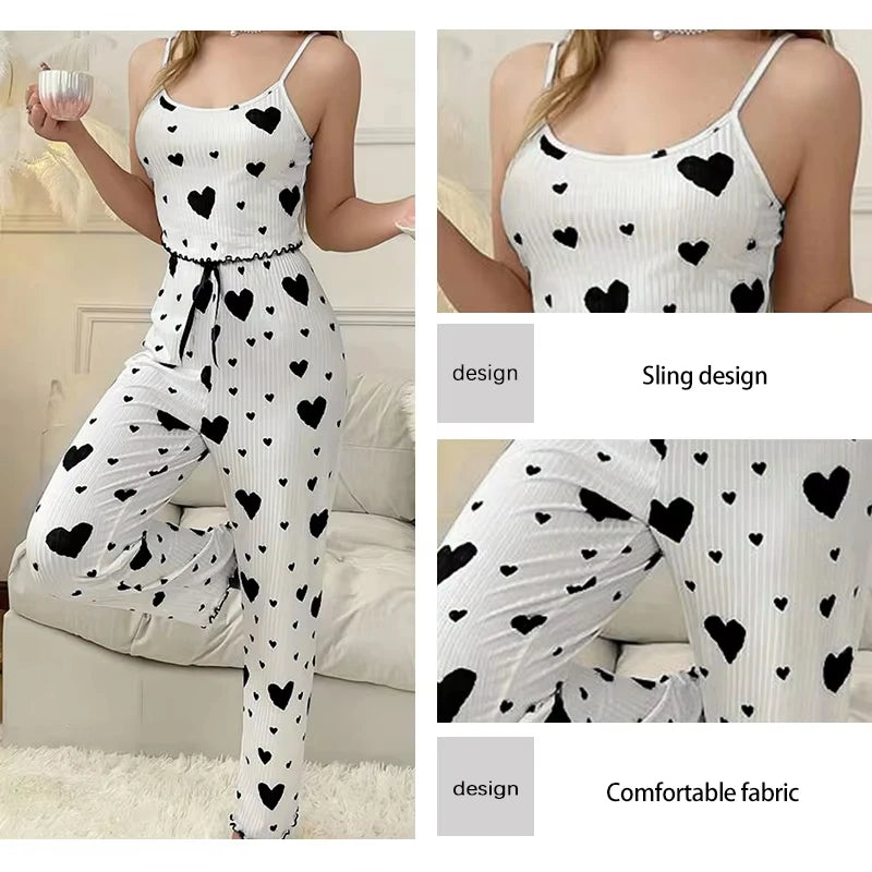 Ensemble Pyjama Femme Soie Glacée 2 Pièces — Débardeur Imprimé & Pantalon Long, Sexy