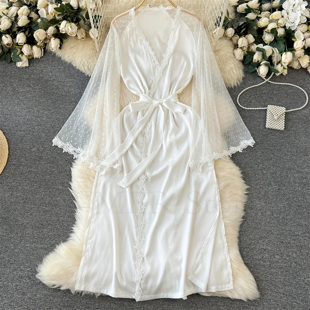 Robe de Chambre Kimono Dentelle Broderie — Longue, Satin Soie, Mariage & Nuit