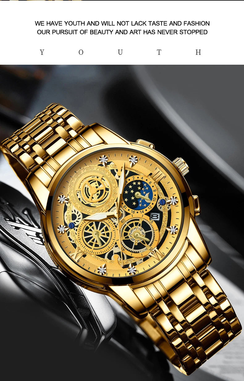Montre Homme BINBOND Luxe Quartz — Acier Inoxydable, Lumineux, Étanche 30M, Business