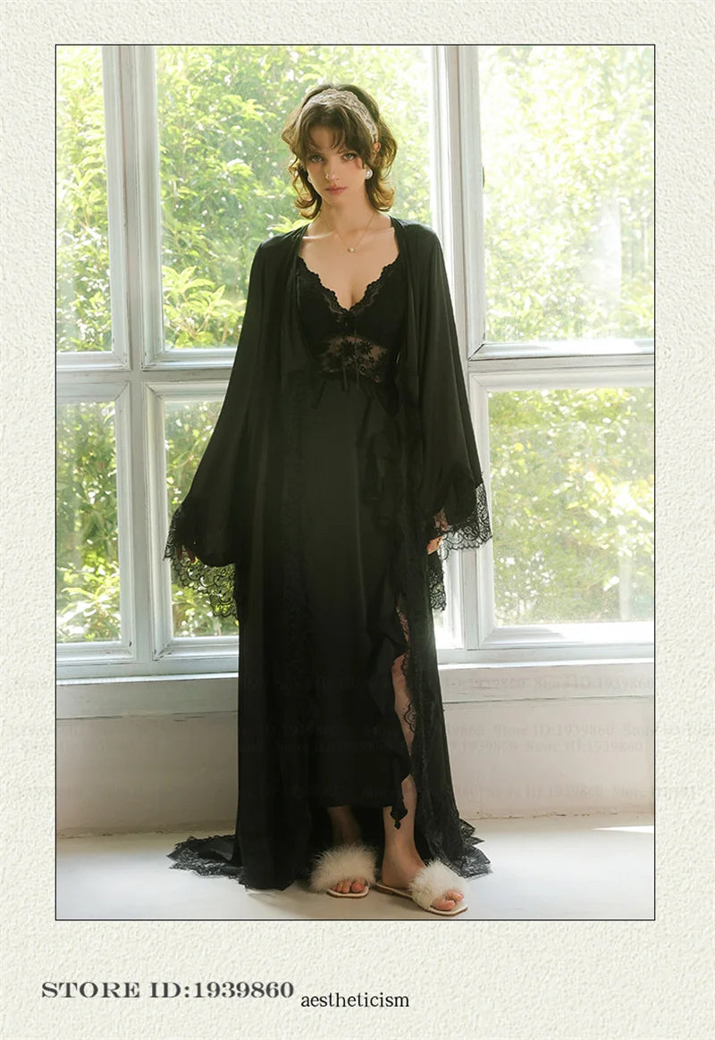 Robe de Chambre Mariée Blanche Dentelle Longue — Kimono Soie Glacée, Sexy Lounge