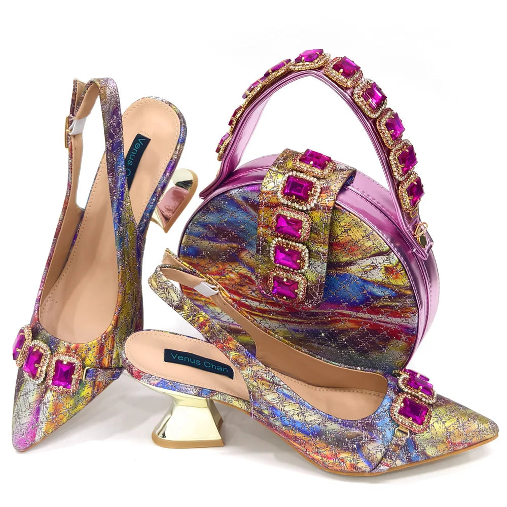 Ensemble Chaussures & Sac Femme Venus Chan Vert Strass — Talon Haut, Soirée Luxe