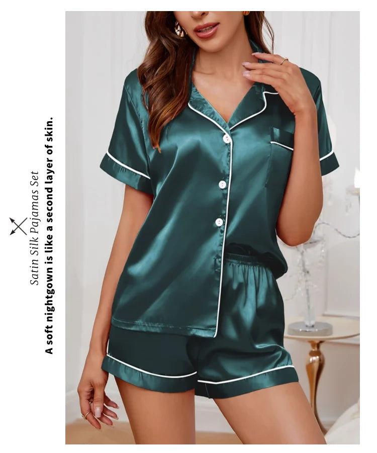 Pyjama Femme Satin Luxueux — 2 Pièces Manches Courtes, Col Chemise, Été