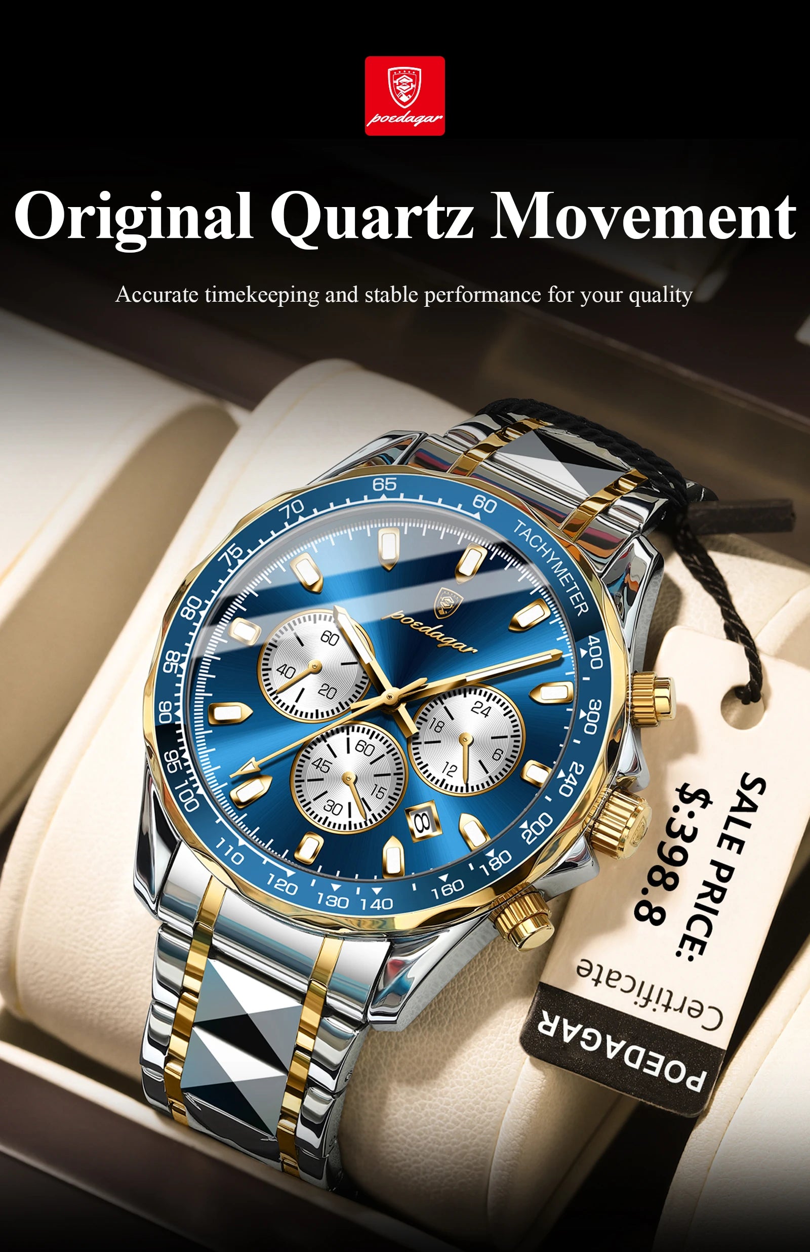 POEDAGAR Montre Homme Sport Luxe Chronographe — Acier Inoxydable, Étanche, Lumineuse