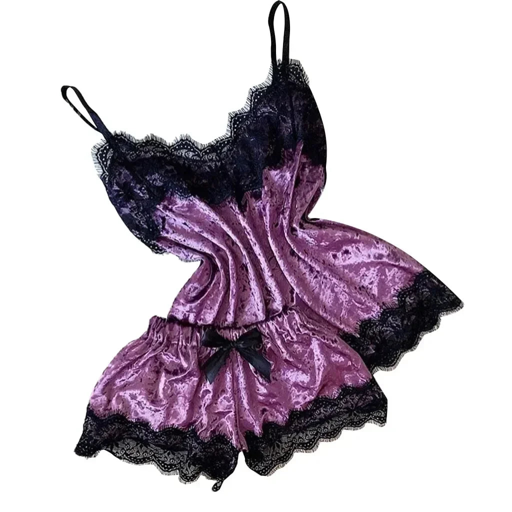Pyjama Femme Dentelle Satin 2 Pièces — Top Court & Short, Sexy Lounge Été