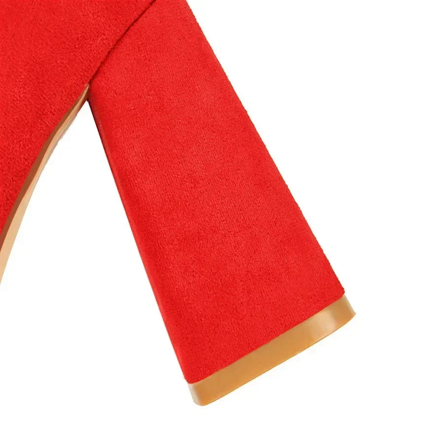 Escarpins Suède Talon Bloc 8.5cm Femme — Rouge Kaki, Soirée Danse Nightclub