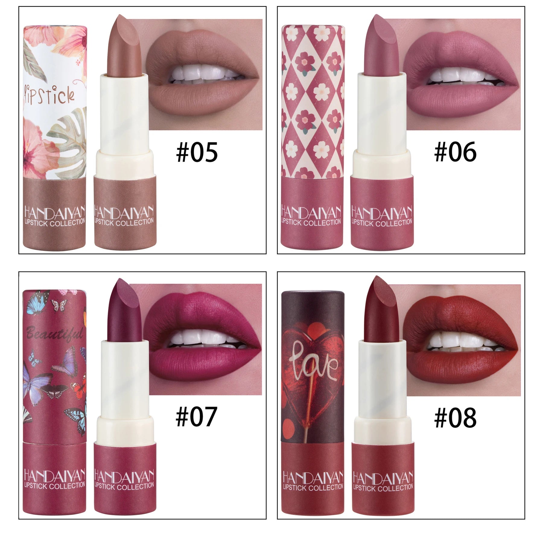 Rouge à Lèvres Mat Velours HANDAIYAN — 8 Couleurs, Waterproof, Longue Tenue