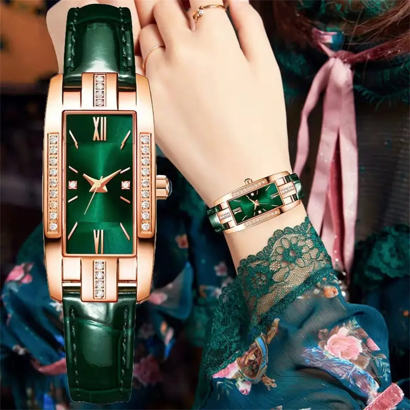 Montre Femme Carrée Quartz — Bracelet Cuir Vert, Cadran Simple, Luxe Fashion
