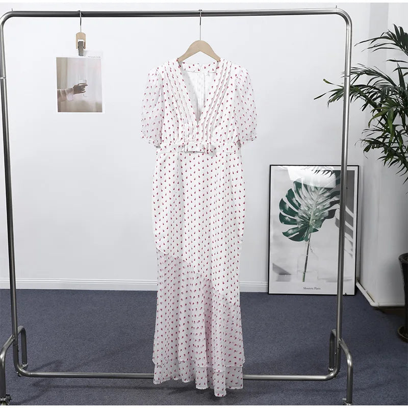 Robe Midi Imprimée Col V Profond — Manches Bouffantes, Taille Haute, Soirée 2026