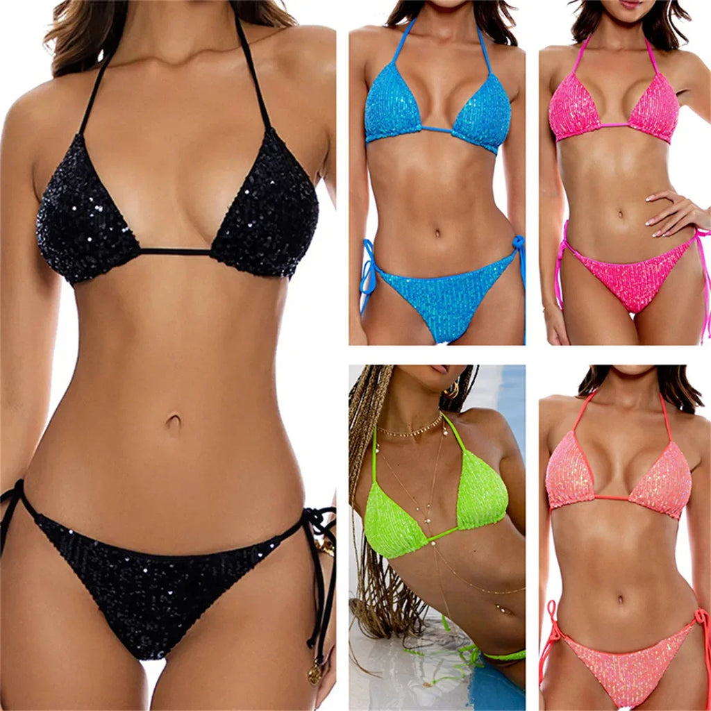 Bikini Paillettes Halter Sexy — Sequins Brillants, Maillot de Bain Femme Plage