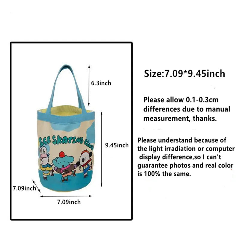 Sac Seau Toile Cartoon Imprimé — Tote Portable Cylindrique, Lunch Bag Fille Étudiante
