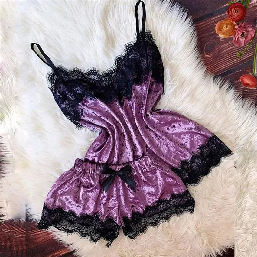 Pyjama Femme Dentelle Satin 2 Pièces — Top Court & Short, Sexy Lounge Été
