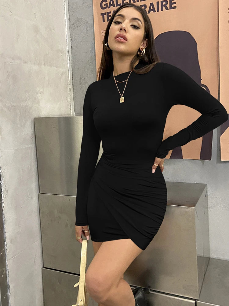 Robe Femme Manches Longues Froncée 2025 — Col Roulé, Taille Haute, Slim Fit Sexy