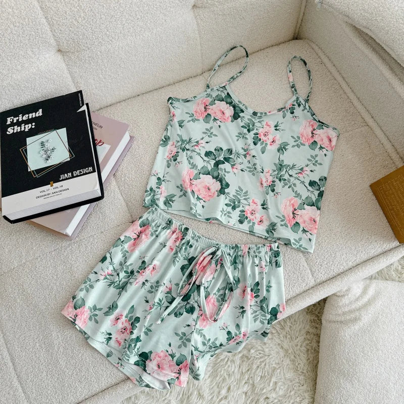 Pyjama Femme Soie Glacée Imprimé — Top Col Rond & Short, Respirant & Confortable
