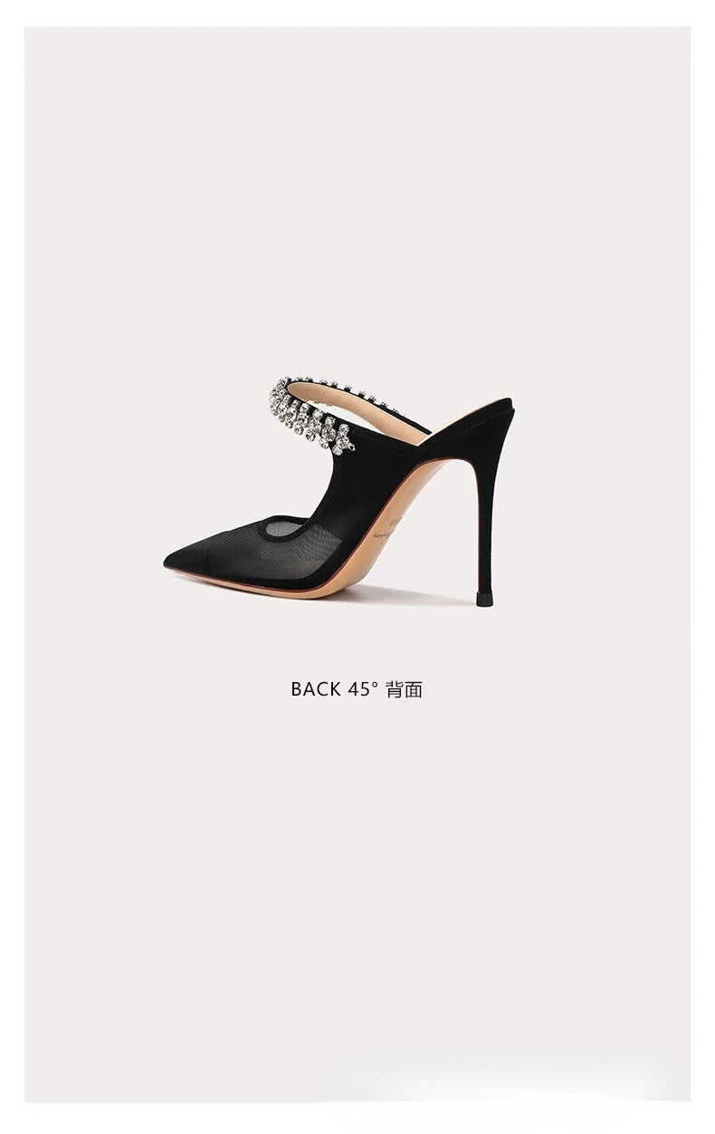 Mules Femme Diamant Filet Bout Fermé 2024 — Talon Fin, Noir, Été Sexy