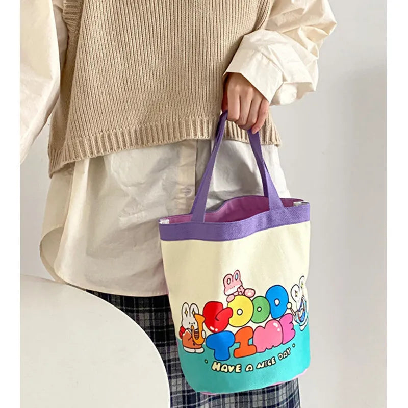 Sac Seau Toile Cartoon Imprimé — Tote Portable Cylindrique, Lunch Bag Fille Étudiante