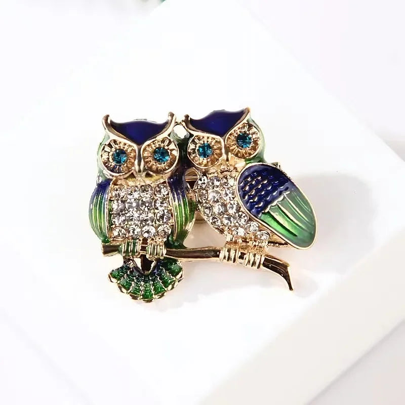 Broche Hibou Double Strass Rhinéstone — Badge Animal, Décoration Costume Femme
