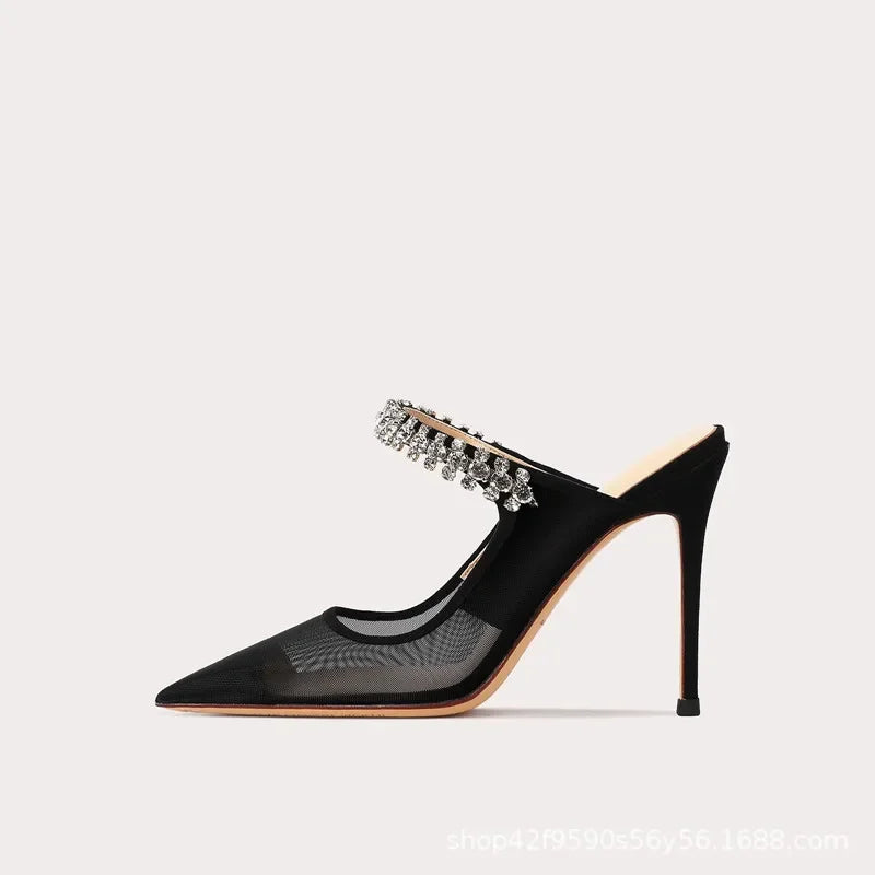 Mules Femme Diamant Filet Bout Fermé 2024 — Talon Fin, Noir, Été Sexy