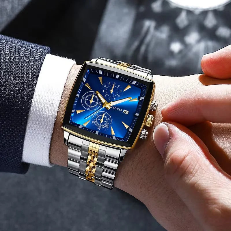Montre Homme Luxe Carrée Quartz — Acier Inoxydable, Calendrier, Business (Sans Boîte)