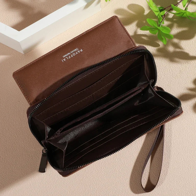 Portefeuille Homme Cuir PU Double Couche — Fermeture Pression, Porte-Cartes & Photos