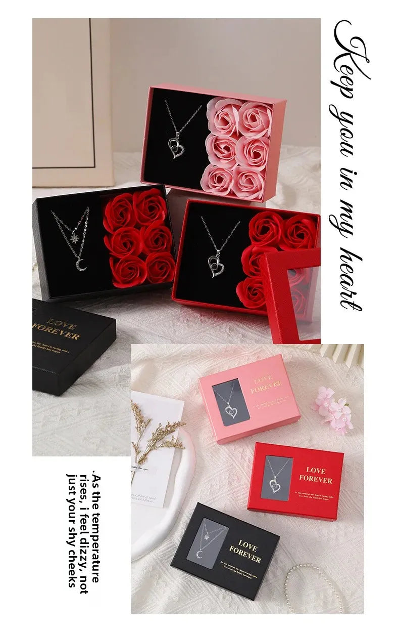 Coffret Cadeau Fête des Mères avec 6 Roses Savon & Boîte Bijoux Romantique