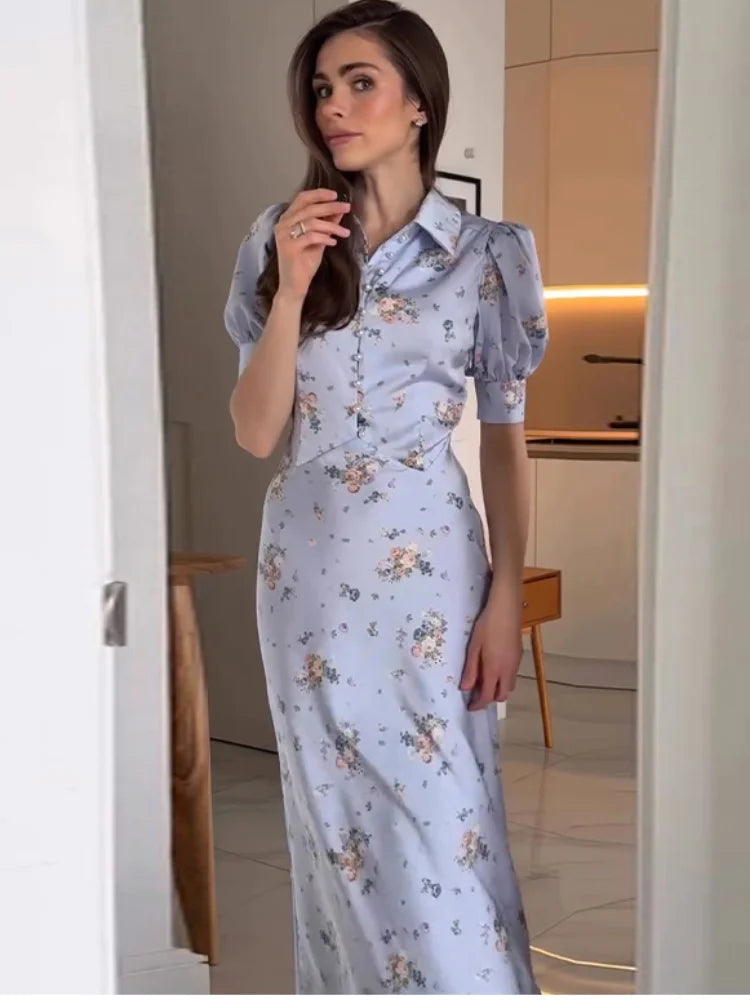 Robe Midi Imprimée Col V Profond — Manches Bouffantes, Taille Haute, Soirée 2026