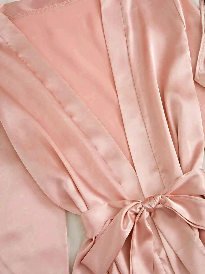 Pyjama Femme Satin Rose Lingerie — Robe de Bain Dentelle, Nuisette & Pantalon