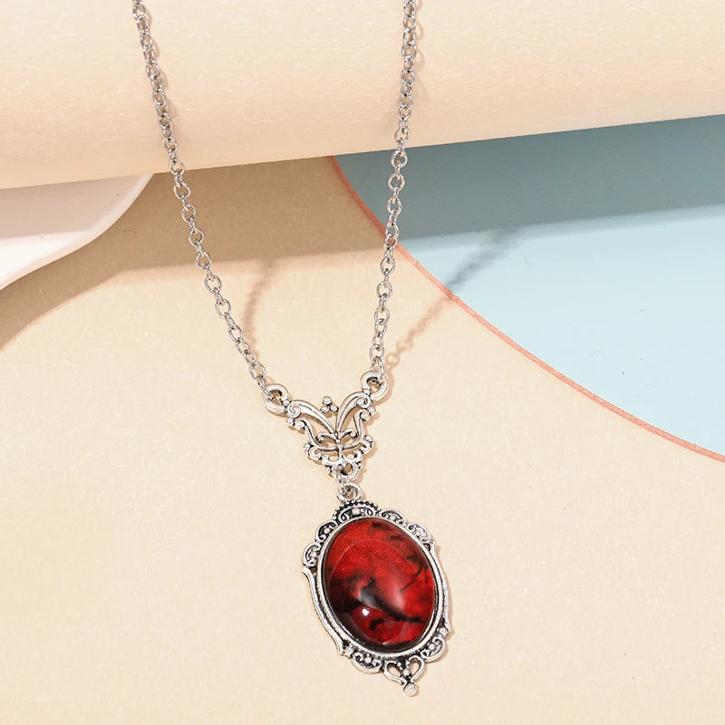 Collier Pendentif Gothique Quartz Rouge — Ovale, Vampire Halloween, Vintage Choker