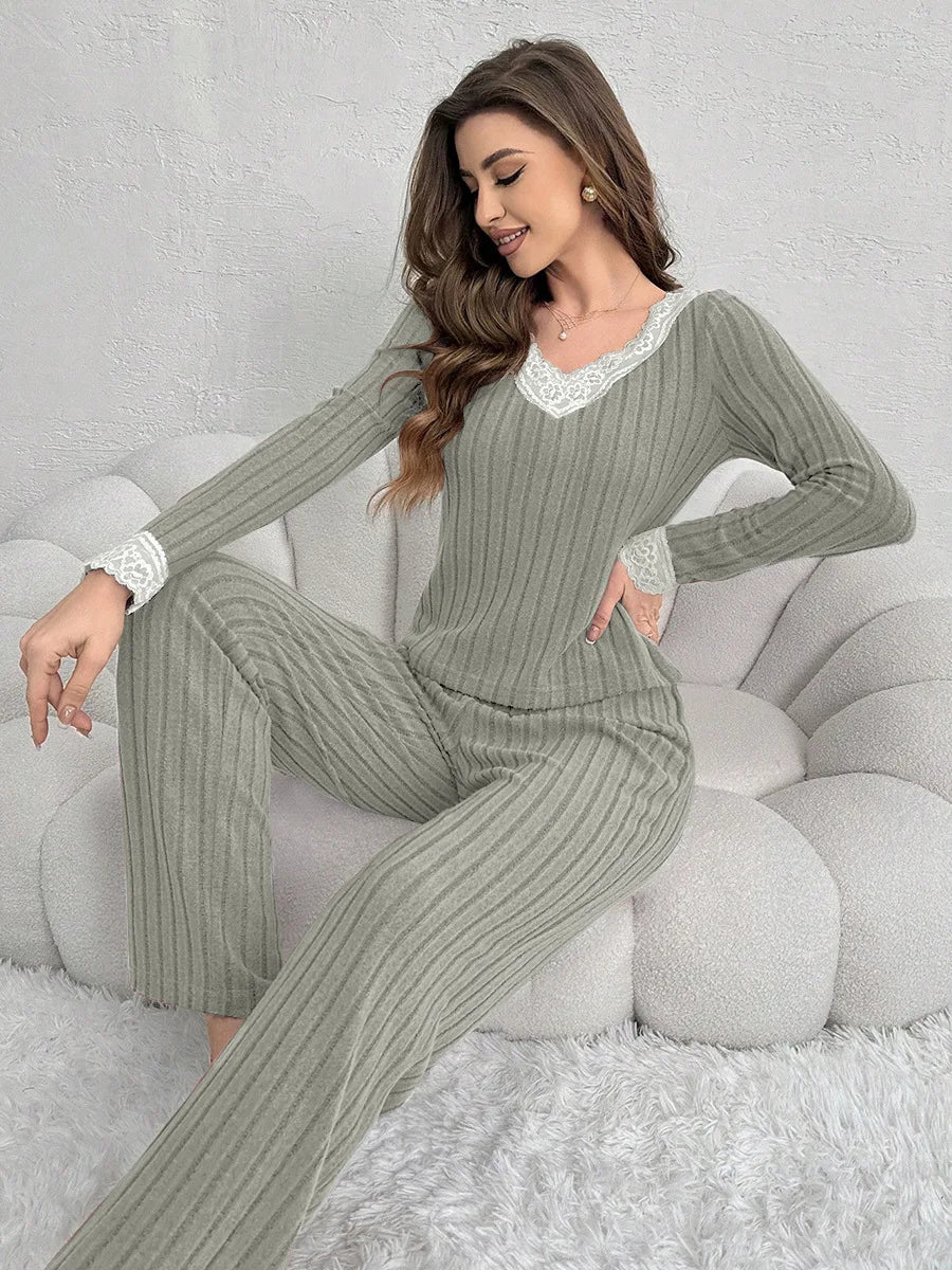 Ensemble Pyjama Femme Hiver — Manches Longues, Col V, Pantalon Long, Chaud & Confortable