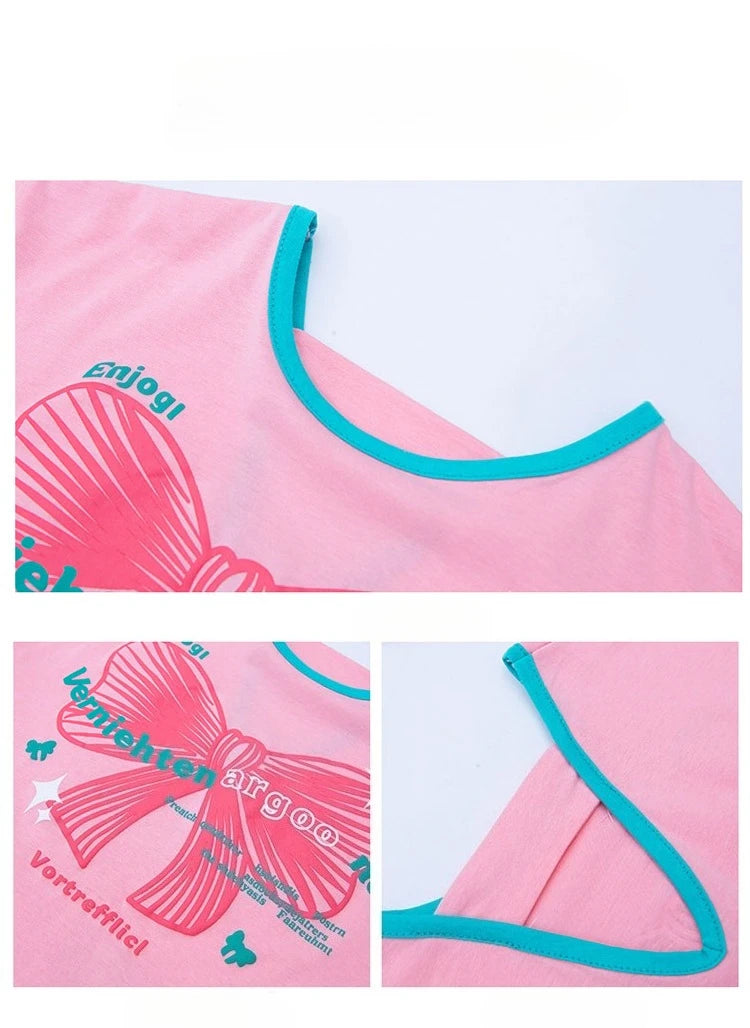 Ensemble 2 pièces filles – T-shirt imprimé nœud manches courtes & short sport, tenue été 2025