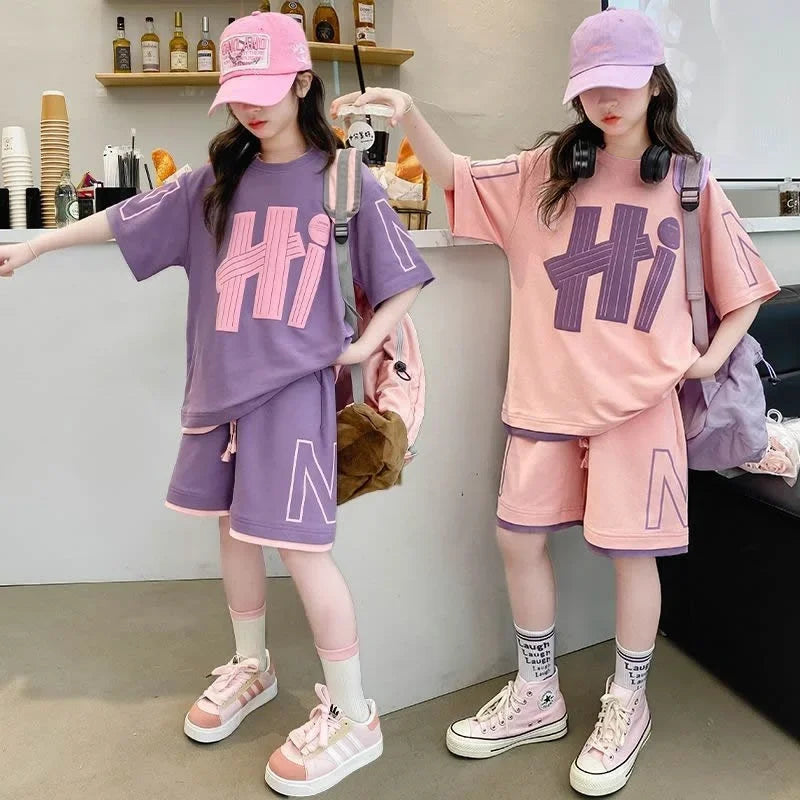 Ensemble 2 pièces filles – T-shirt manches courtes & short décontracté imprimé lettres, 5-14 ans