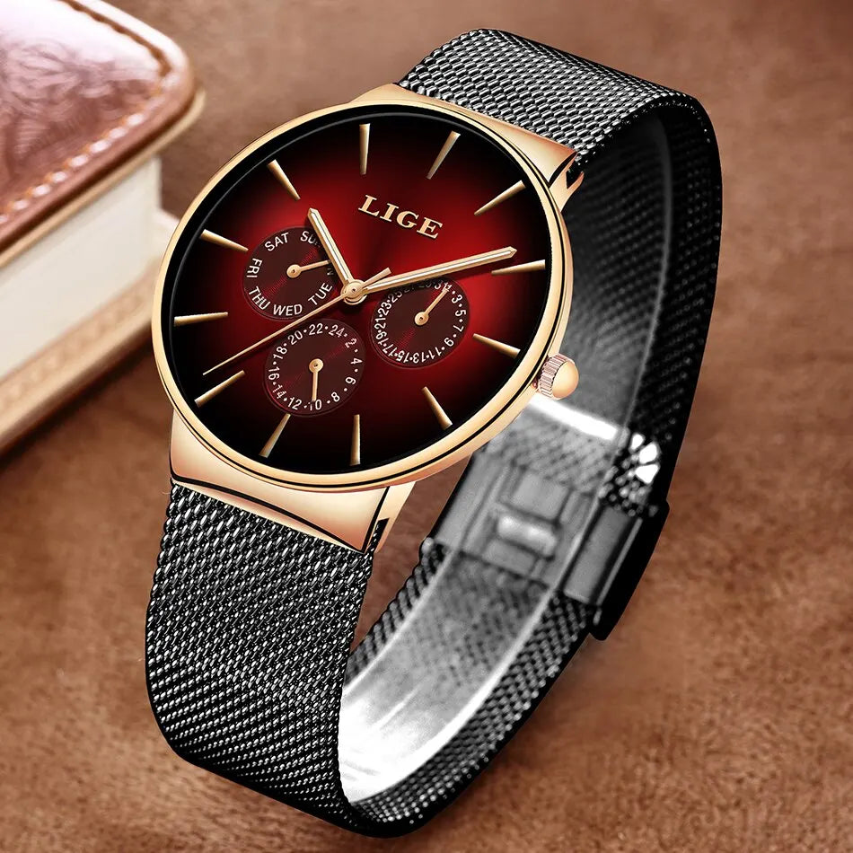 Montre Homme LIGE Luxe Quartz — Maille Acier Ultra-Fine, Étanche, Sport