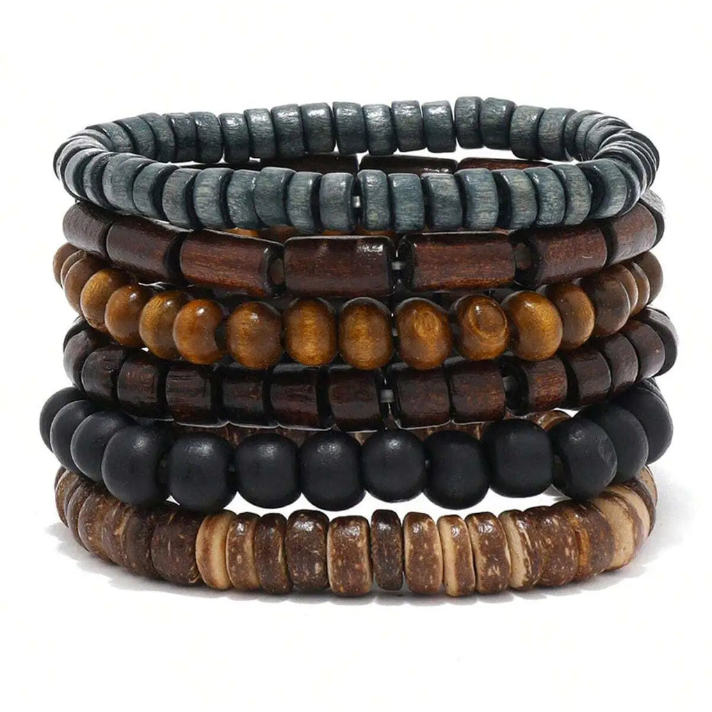 Bracelet Homme Cuir Tressé Bois 6 Pièces — Perles Bois Vintage, Armband Masculin