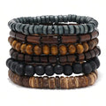 Bracelet Homme Cuir Tressé Bois 6 Pièces — Perles Bois Vintage, Armband Masculin