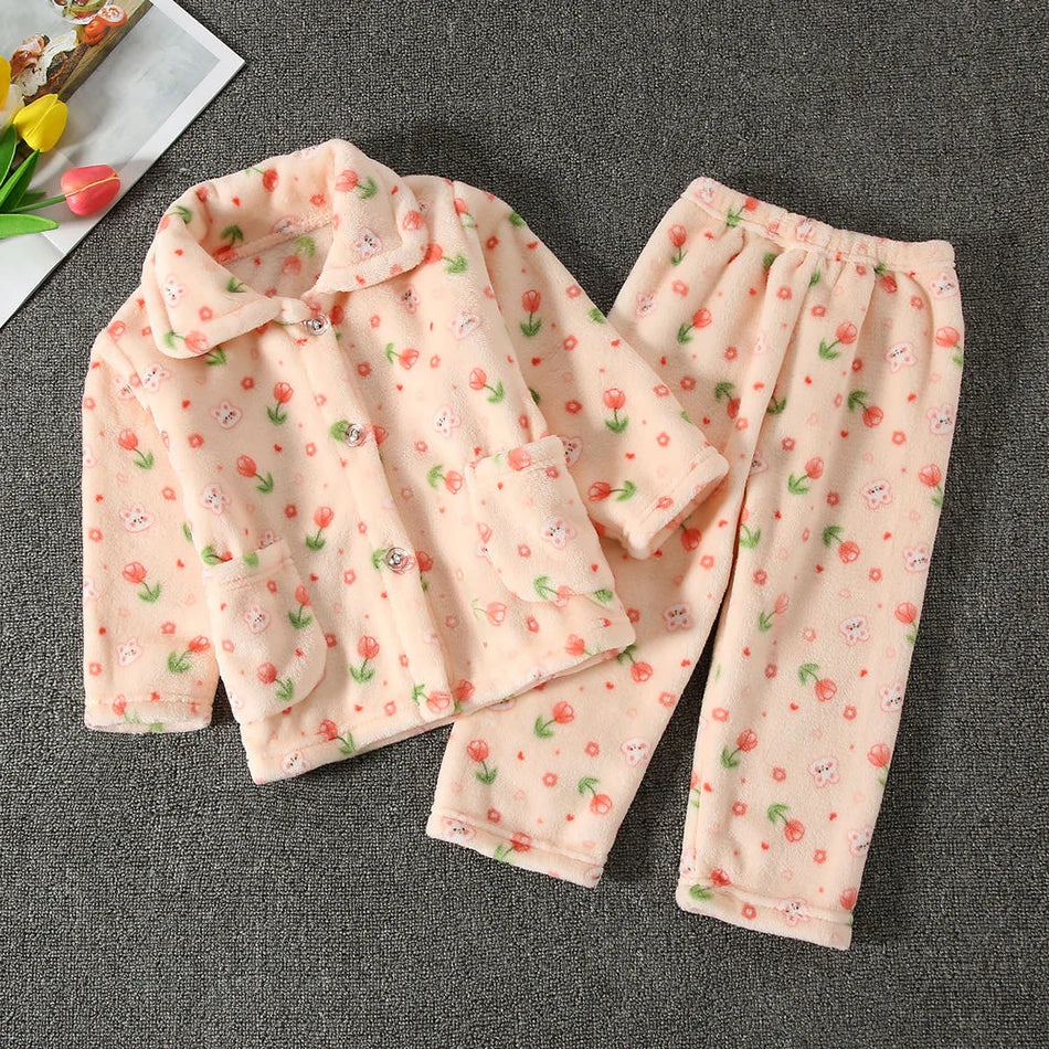 Pyjama Enfant Polaire Cartoon — Manches Longues, Chaud Hiver, Garçon & Fille